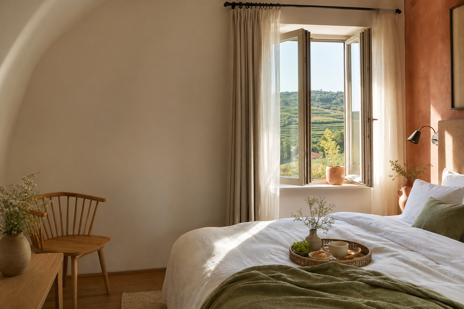 Pokoj malého boutique hotelu s výhledem do krajiny